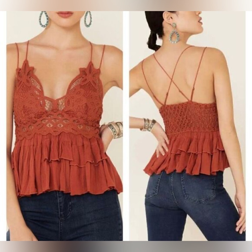 Free People Rust Lace Trim Women Top Large